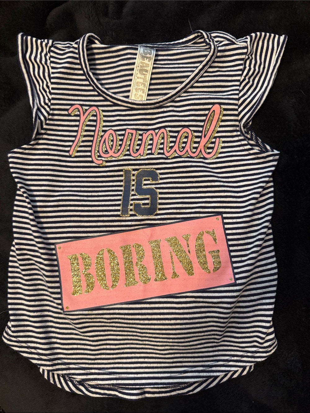 Beautees Navy & White Striped Tee with Pink & Gold Graphic